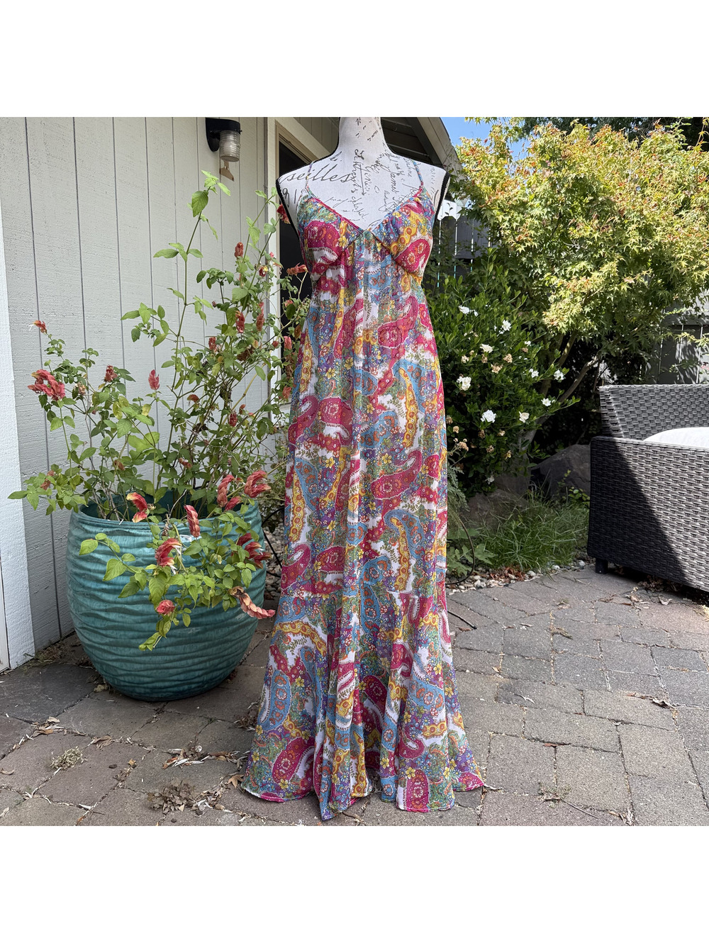 VTG Y2K ABS Allen Schwartz Paisley Floral Maxi Dress Halter Boho Mermaid Size M